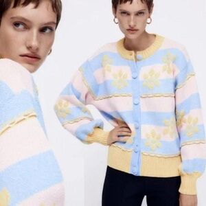 Zara Pastel Striped Floral Cardigan Sweater - Blue/Pink/Yellow